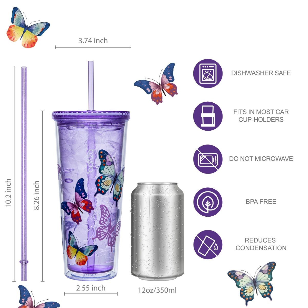 24oz SIP Double Wall Plastic Straw Tumbler w/ Lid - Butterfly Purple - bzyoo