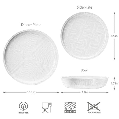 12pc Mono Melamine Plate & Bowl Dinnerware Set - White - bzyoo