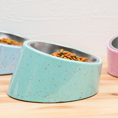 Bzyoo 2 Cup Tilted Dog Bowl with Measuring Scoop for Small Dogs & Cats