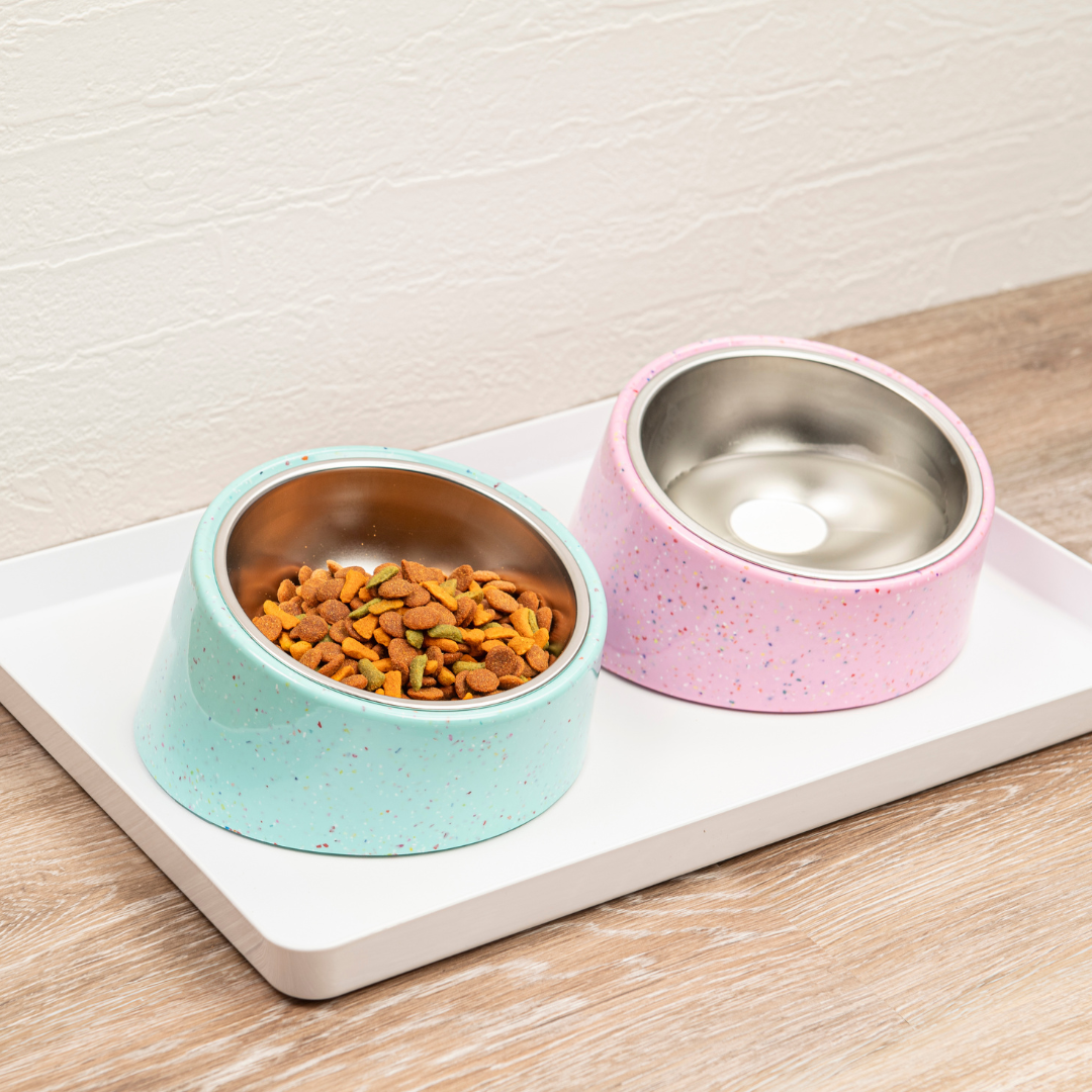 Bzyoo 2 Cup Tilted Dog Bowl with Measuring Scoop for Small Dogs & Cats
