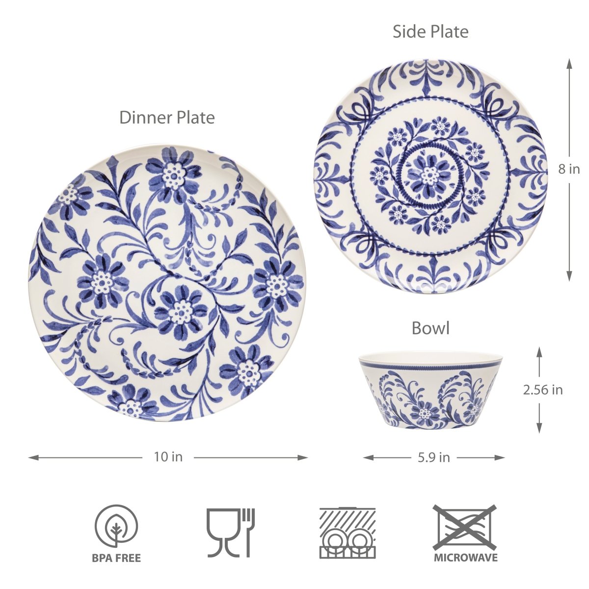 12 pc Outdoor dinnerware set - indigo floral - bzyoo