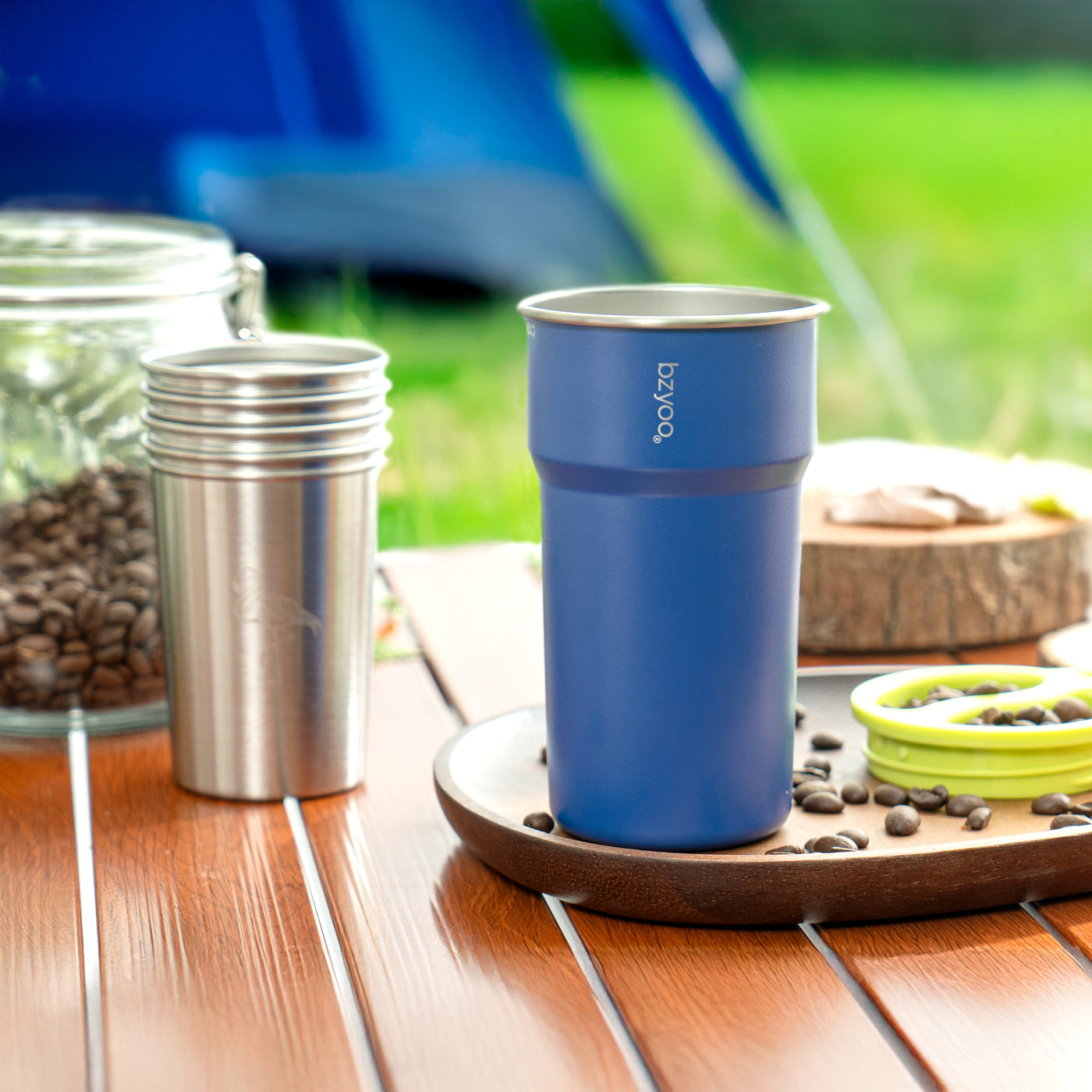 Nesting Stainless Steel Camping Cup Set with Hook Blue Color