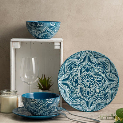 12pc Ceramic Plate & Bowl Dinnerware Set - La La Mandala Blue - bzyoo