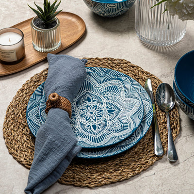 12pc Ceramic Plate & Bowl Dinnerware Set - La La Mandala Blue - bzyoo