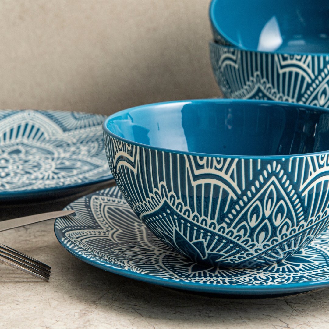 12pc Ceramic Plate & Bowl Dinnerware Set - La La Mandala Blue - bzyoo