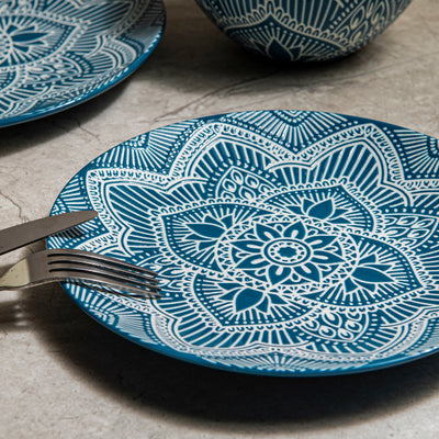 12pc Ceramic Plate & Bowl Dinnerware Set - La La Mandala Blue - bzyoo