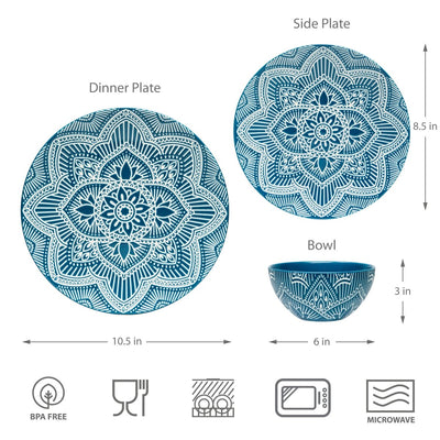 12pc Ceramic Plate & Bowl Dinnerware Set - La La Mandala Blue - bzyoo