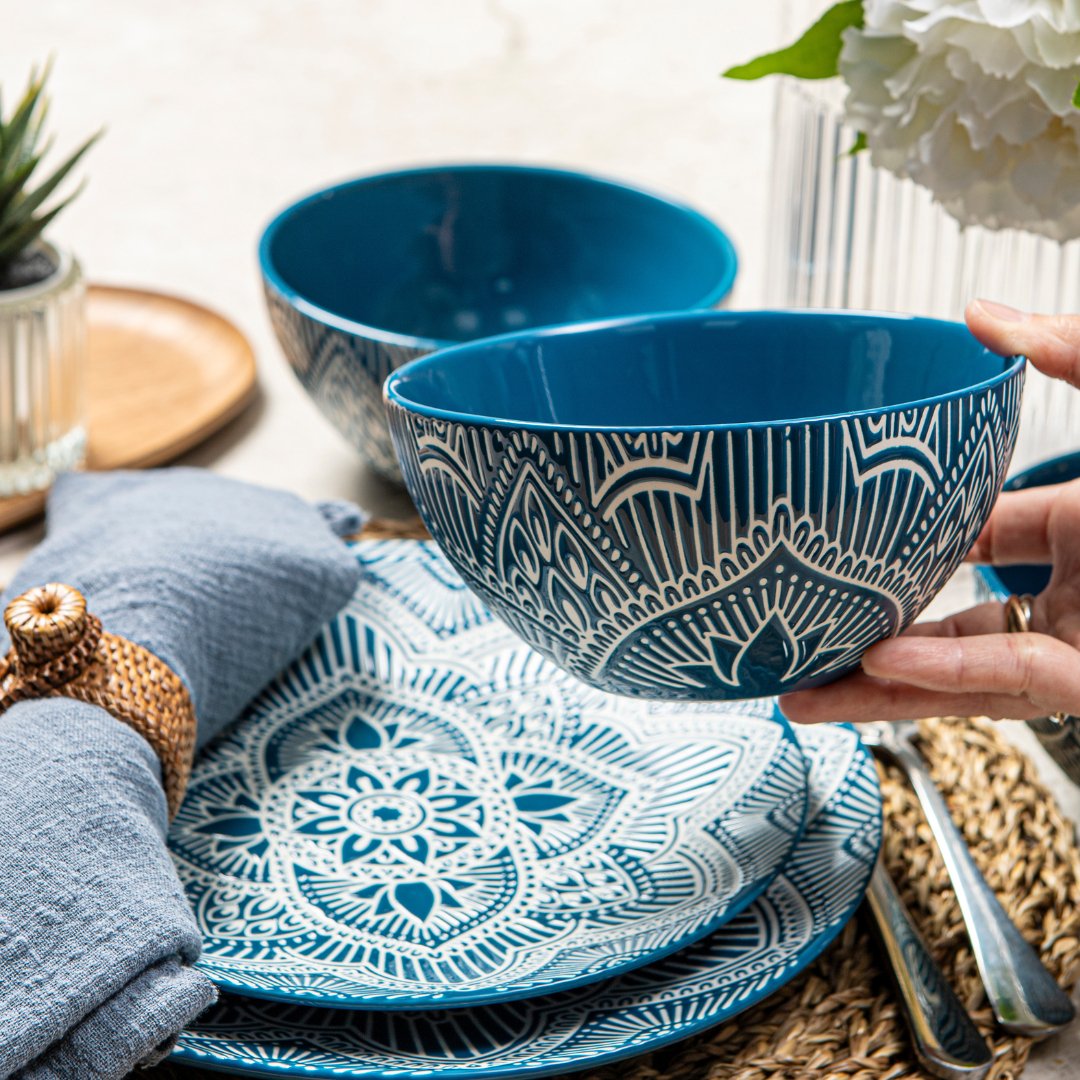 12pc Ceramic Plate Bowl Dinnerware Set La La Mandala Blue Bzyoo