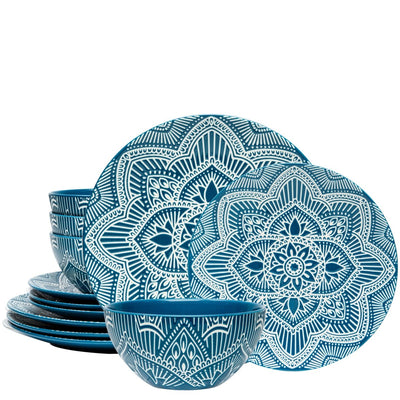 12pc Ceramic Plate & Bowl Dinnerware Set - La La Mandala Blue - bzyoo