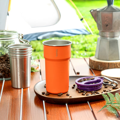 Nesting Stainless Steel Camping Cup Set with Hook Orange Color