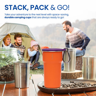 Nesting Stainless Steel Camping Cup Set with Hook Orange Color