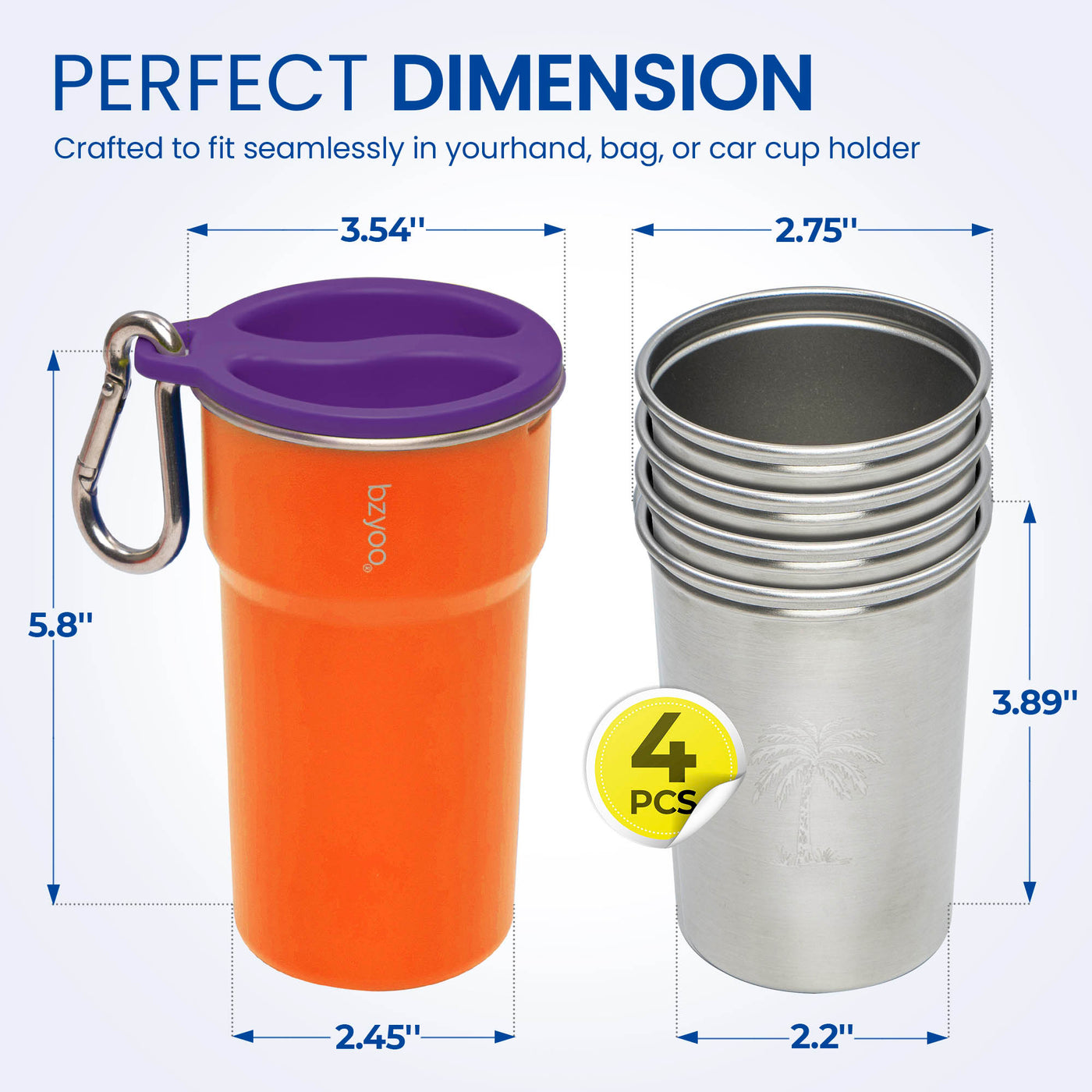 Nesting Stainless Steel Camping Cup Set with Hook Orange Color