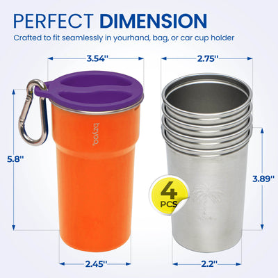 Nesting Stainless Steel Camping Cup Set with Hook Orange Color
