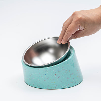 Bzyoo 2 Cup Tilted Dog Bowl with Measuring Scoop for Small Dogs & Cats