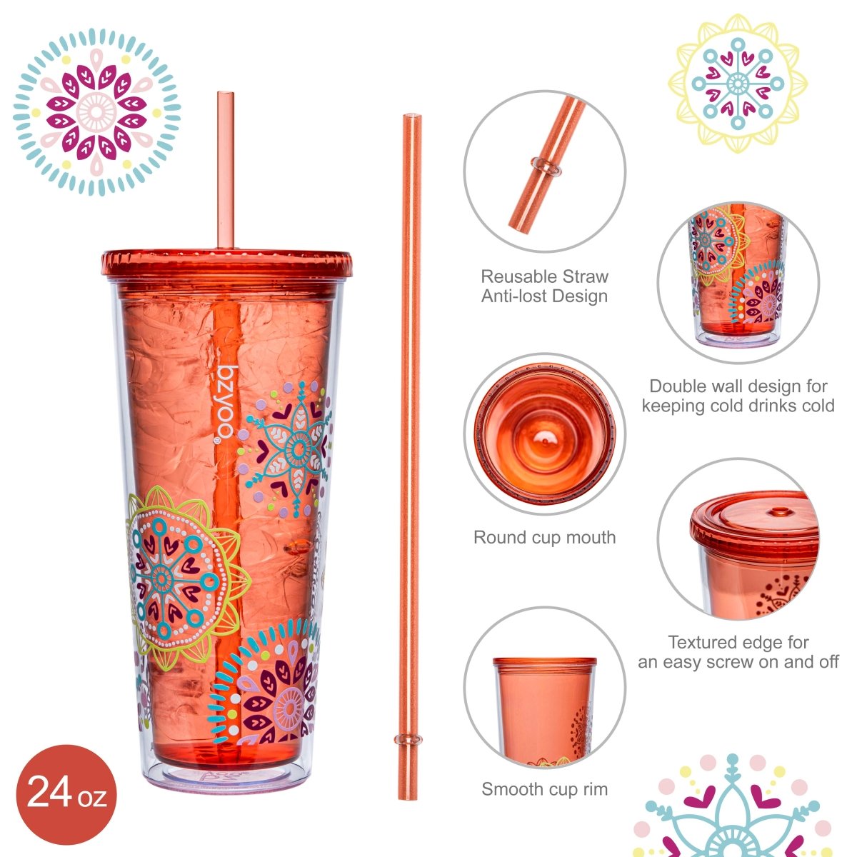 24oz SIP Double Wall Plastic Straw Tumbler w/ Lid - Medallion Orange - bzyoo