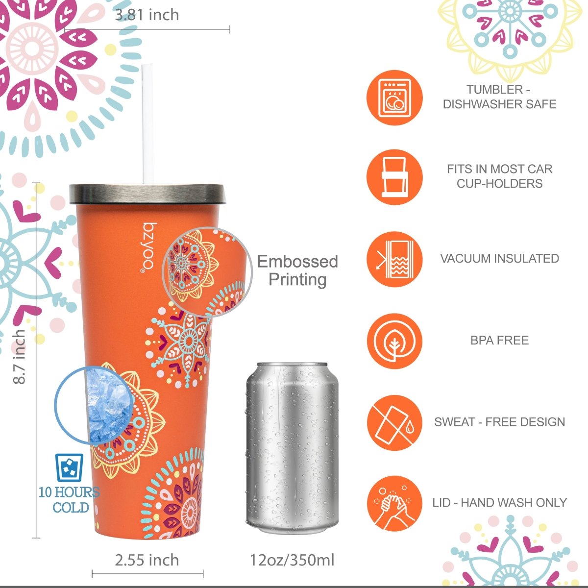 24oz SUP Double Wall Vacuum Insulated Stainless Steel Tumbler w/ Straw Lid - Floral Orange - bzyoo
