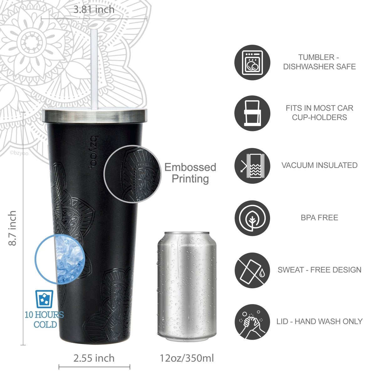 24oz SUP Double Wall Vacuum Insulated Stainless Steel Tumbler w/ Straw Lid - La La Mandala Black - bzyoo