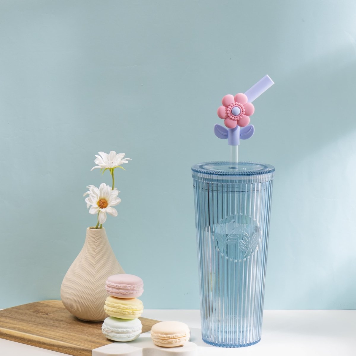 26oz Tumbler with Straw & Lid, Cute Flower Silicone Straw Tips - Botanica Blue - bzyoo
