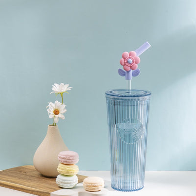 26oz Tumbler with Straw & Lid, Cute Flower Silicone Straw Tips - Botanica Blue - bzyoo