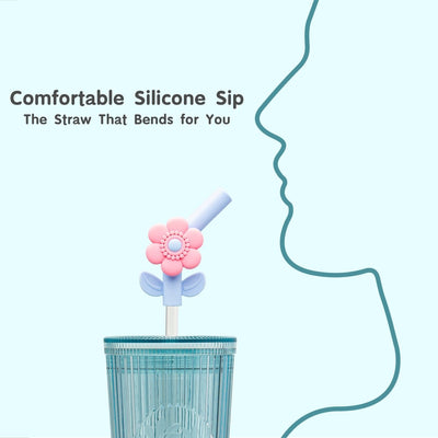 26oz Tumbler with Straw & Lid, Cute Flower Silicone Straw Tips - Botanica Blue - bzyoo