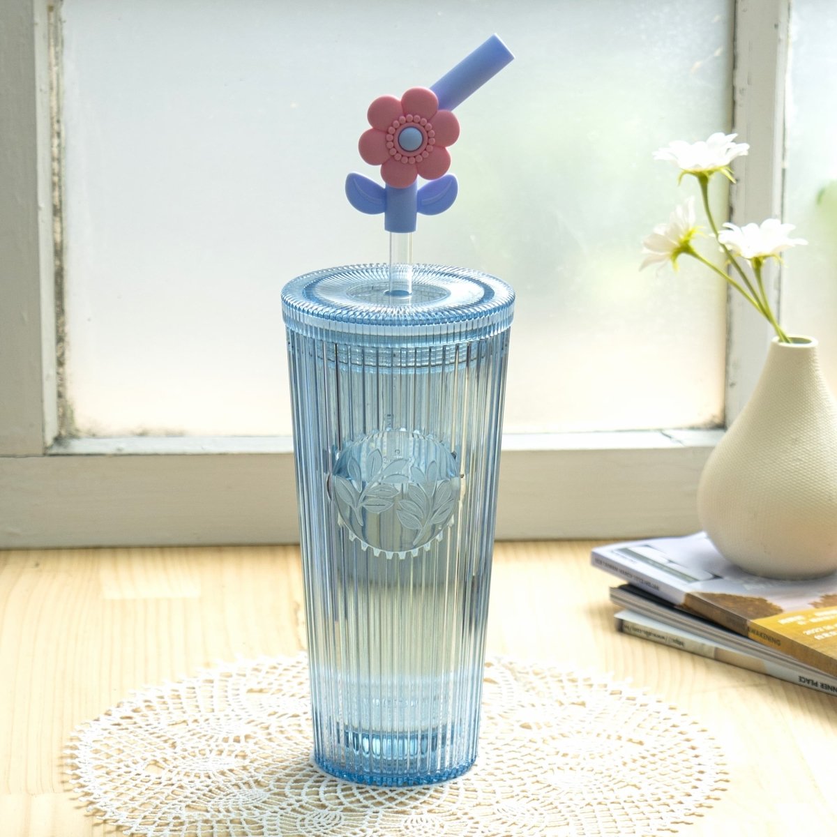 26oz Tumbler with Straw & Lid, Cute Flower Silicone Straw Tips - Botanica Blue - bzyoo