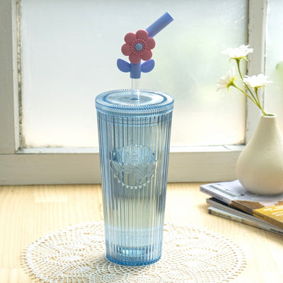 26oz Tumbler with Straw & Lid, Cute Flower Silicone Straw Tips - Botanica Blue - bzyoo