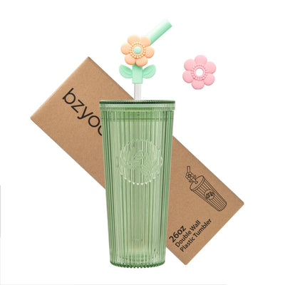 26oz Tumbler with Straw & Lid, Cute Flower Silicone Straw Tips - Botanica Green - bzyoo