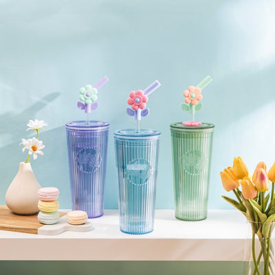 26oz Tumbler with Straw & Lid, Cute Flower Silicone Straw Tips - Botanica Green - bzyoo