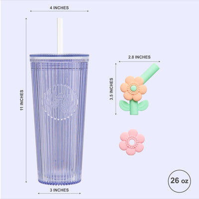 26oz Tumbler with Straw & Lid, Cute Flower Silicone Straw Tips - Botanica Purple - bzyoo