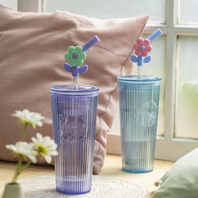 26oz Tumbler with Straw & Lid, Cute Flower Silicone Straw Tips - Botanica Purple - bzyoo