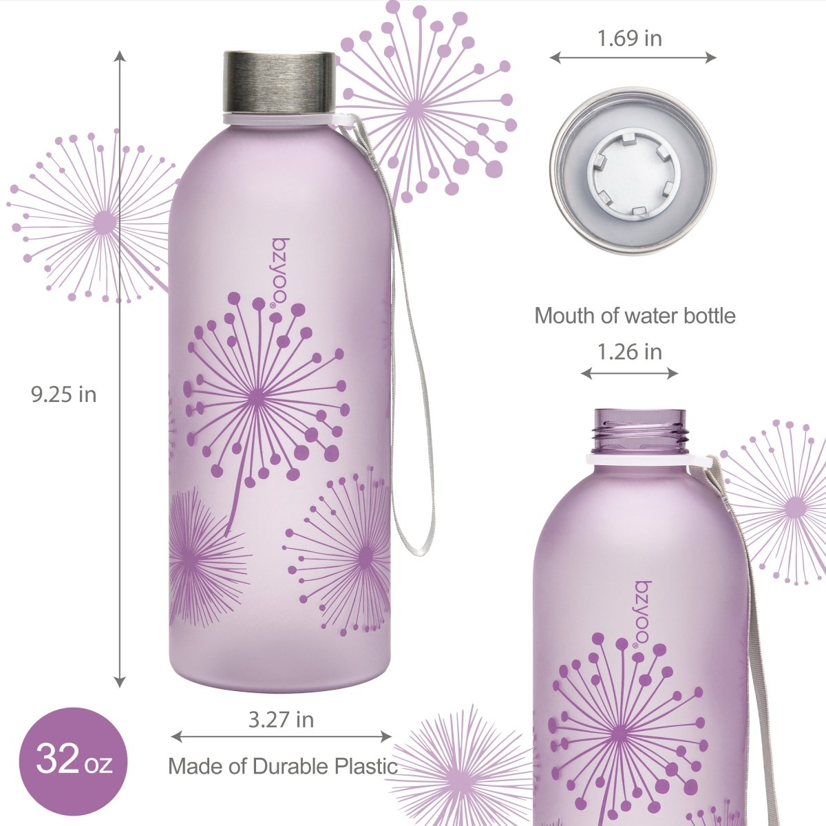 32oz Time Marker Tritan Water Bottle w/ Carrying Strap - Dandelion Purple - bzyoo