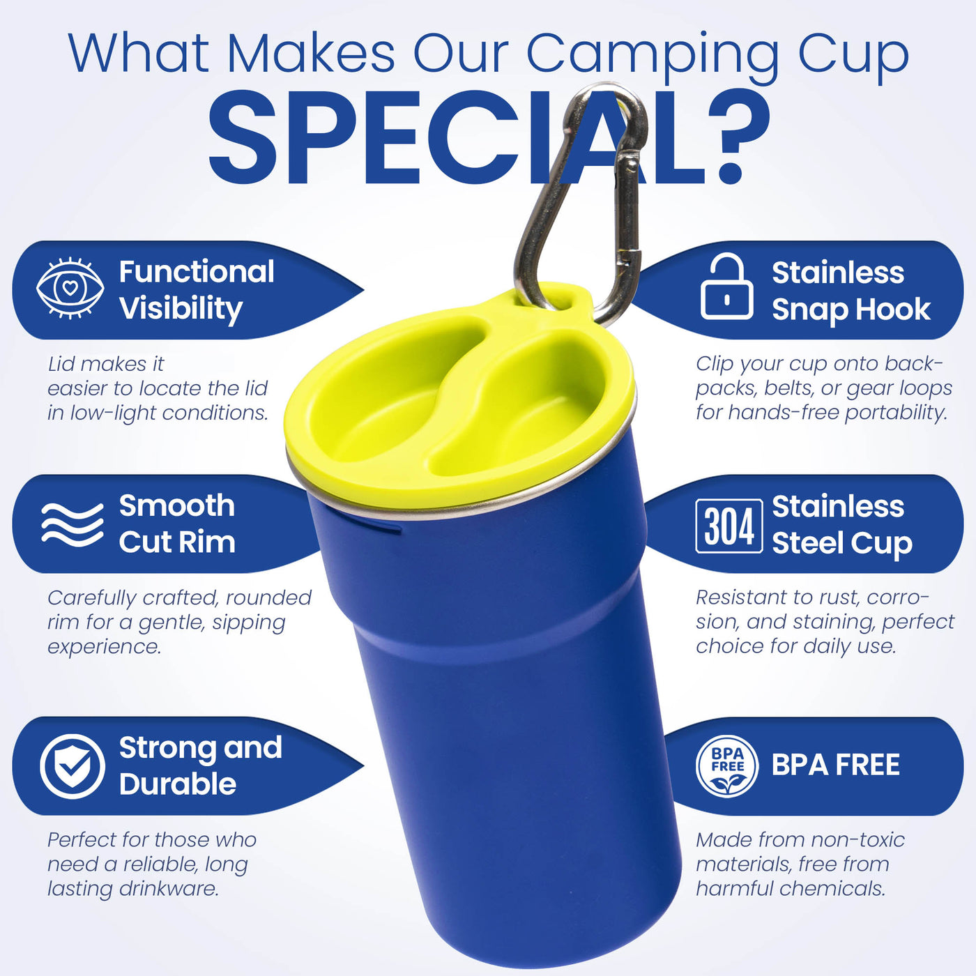 Nesting Stainless Steel Camping Cup Set with Hook Blue Color