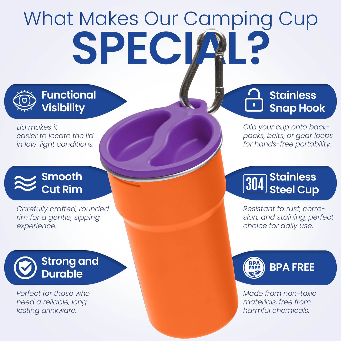 Nesting Stainless Steel Camping Cup Set with Hook Orange Color