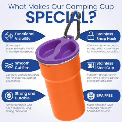 Nesting Stainless Steel Camping Cup Set with Hook Orange Color