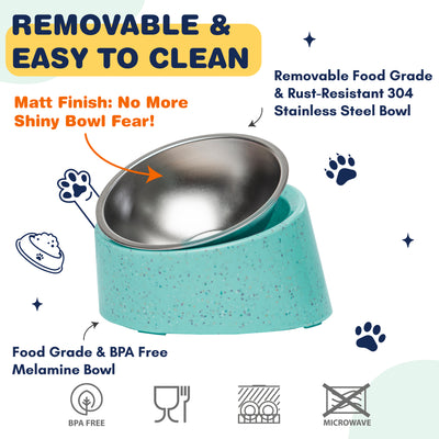 Bzyoo 2 Cup Tilted Dog Bowl with Measuring Scoop for Small Dogs & Cats