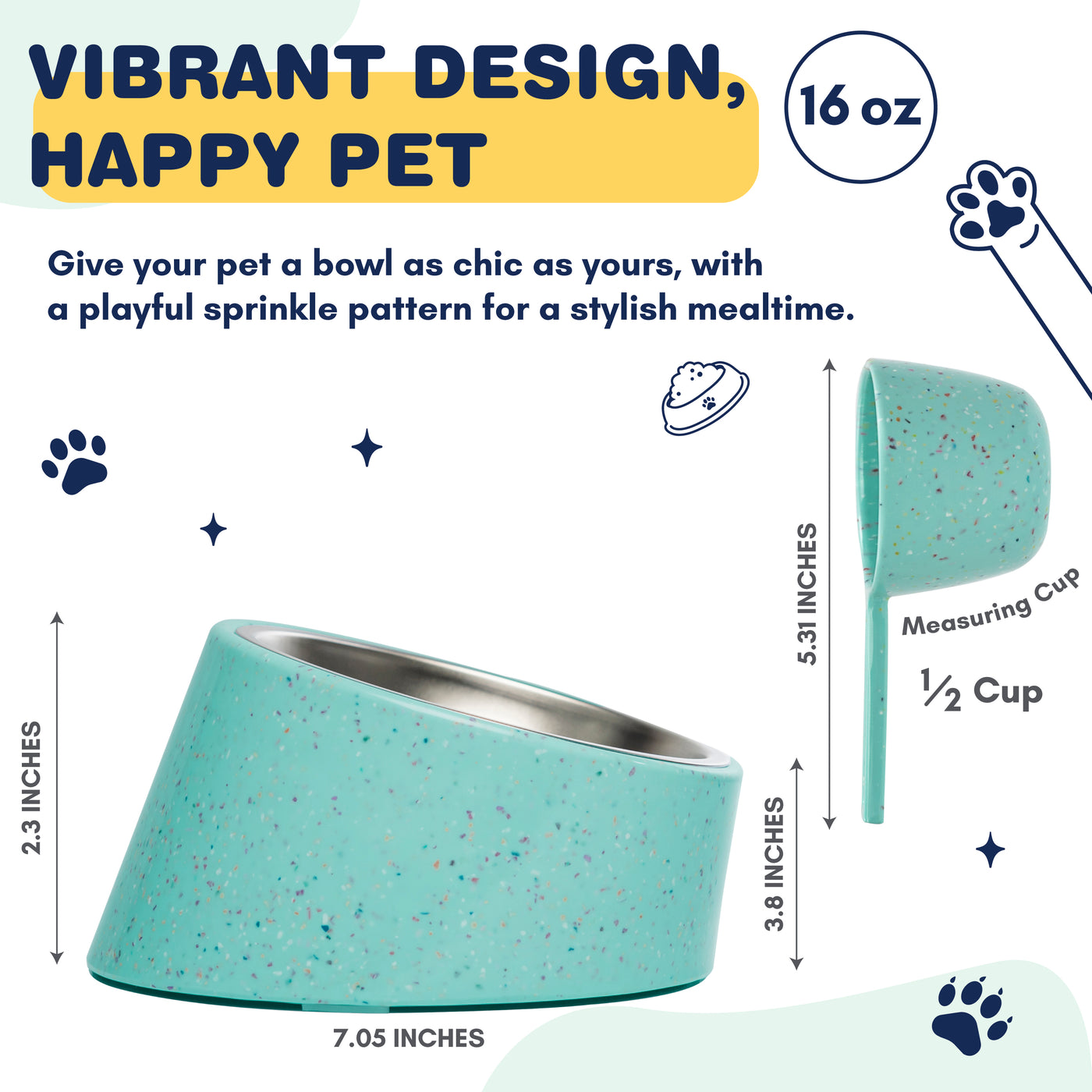 Bzyoo 2 Cup Tilted Dog Bowl with Measuring Scoop for Small Dogs & Cats