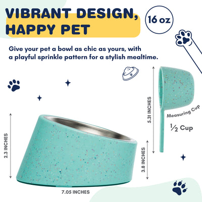 Bzyoo 2 Cup Tilted Dog Bowl with Measuring Scoop for Small Dogs & Cats
