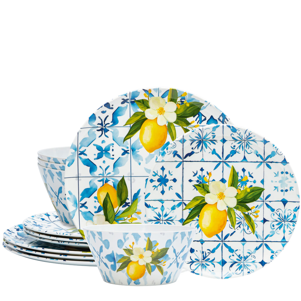12 pc Outdoor dinnerware set - Lemon Tile | Bzyoo