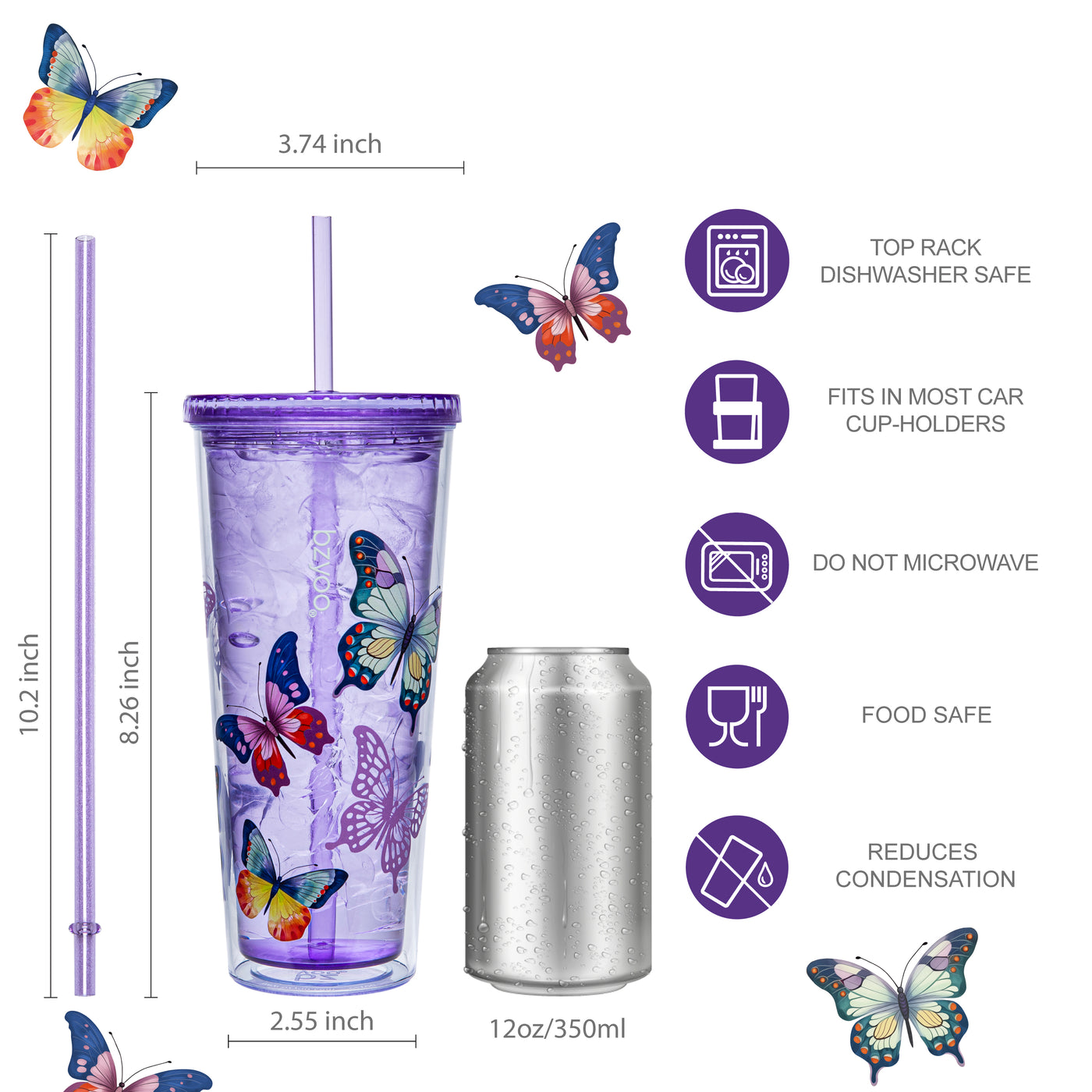 24oz SIP Double Wall Plastic Straw Tumbler w/ Lid - Butterfly Purple