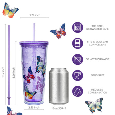 24oz SIP Double Wall Plastic Straw Tumbler w/ Lid - Butterfly Purple