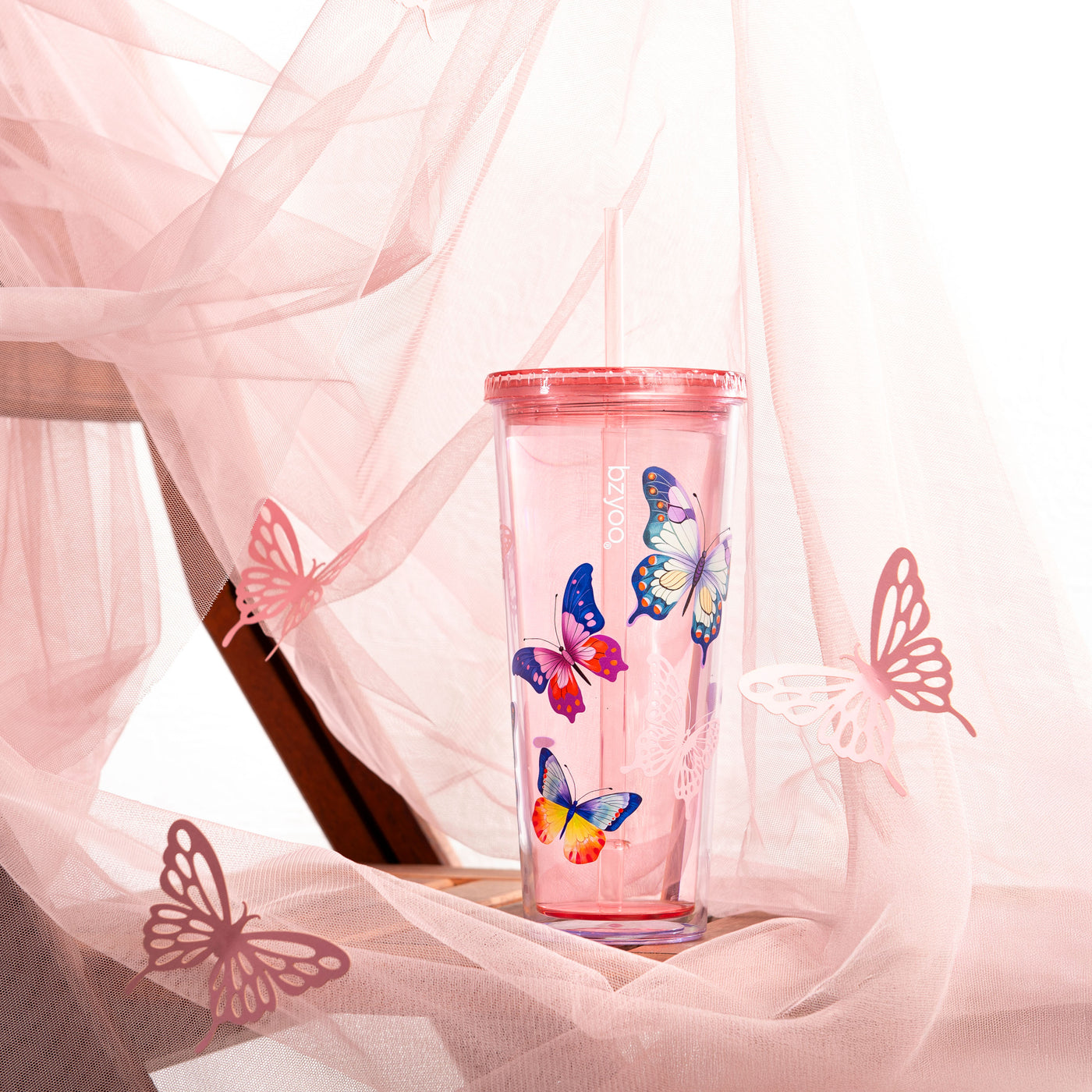 24oz SIP Double Wall Plastic Straw Tumbler w/ Lid - Butterfly Pink