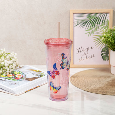 24oz SIP Double Wall Plastic Straw Tumbler w/ Lid - Butterfly Pink