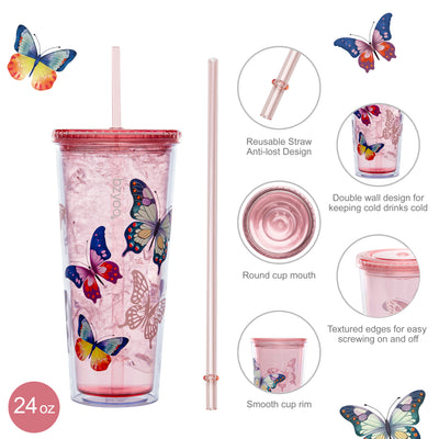 24oz SIP Double Wall Plastic Straw Tumbler w/ Lid - Butterfly Pink