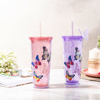 24oz SIP Double Wall Plastic Straw Tumbler w/ Lid - Butterfly Pink