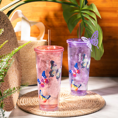 24oz SIP Double Wall Plastic Straw Tumbler w/ Lid - Butterfly Pink