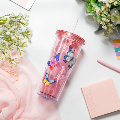 24oz SIP Double Wall Plastic Straw Tumbler w/ Lid - Butterfly Pink