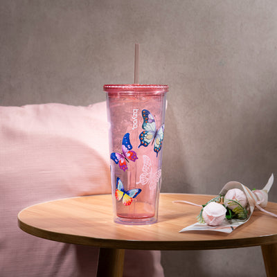 24oz SIP Double Wall Plastic Straw Tumbler w/ Lid - Butterfly Pink