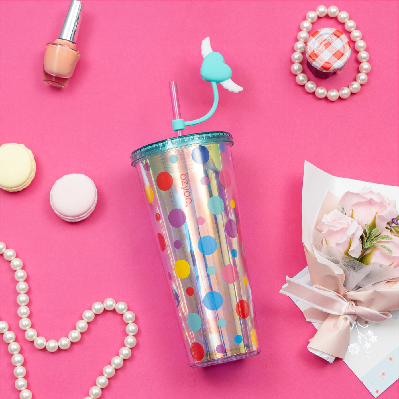 24oz SIP Tumbler with Heart-Shaped w/Wing Straw Cap Cover – Cute DotDot Design