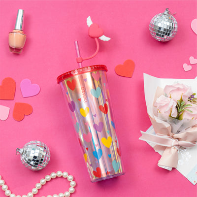 24oz SIP Tumbler with Heart-Shaped w/Wing Straw Cap Cover – Cute Heart Design