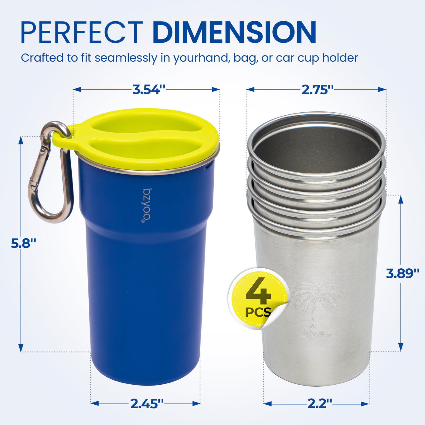 Nesting Stainless Steel Camping Cup Set with Hook Blue Color